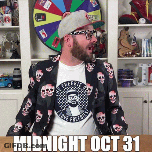 Man In Jacket With Skulls And I Love Freebies Shirt GIF