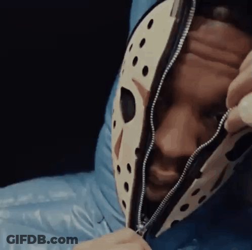 Man In Jason Voorhees Mask With Zipper Open GIF