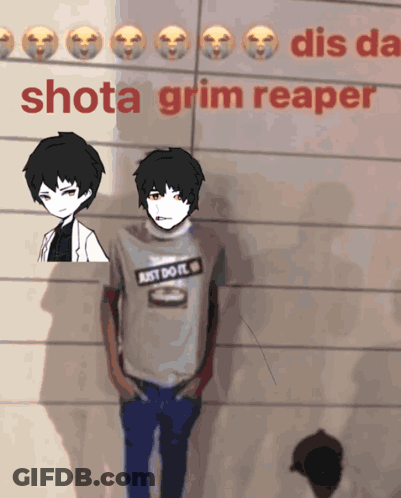 Man In Just Do It Shirt In Front Of Shota Grim Reaper Wall GIF