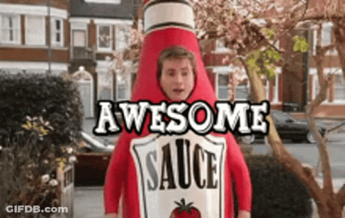 Man In Ketchup Bottle Costume Saying Awesome Sauce GIF