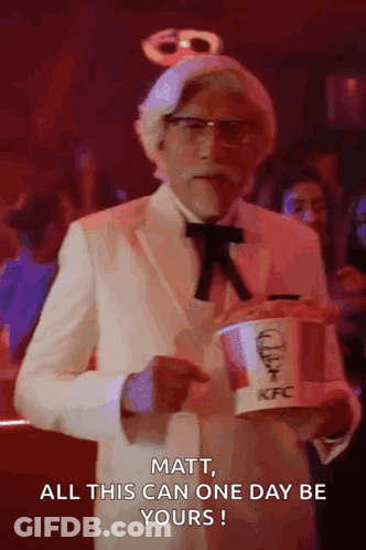Man In KFC Costume Holding Bucket Of Fried Chicken GIF