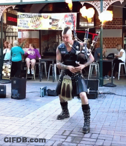 Man In Kilt Playing Bagpipes With Biscuits Sign GIF