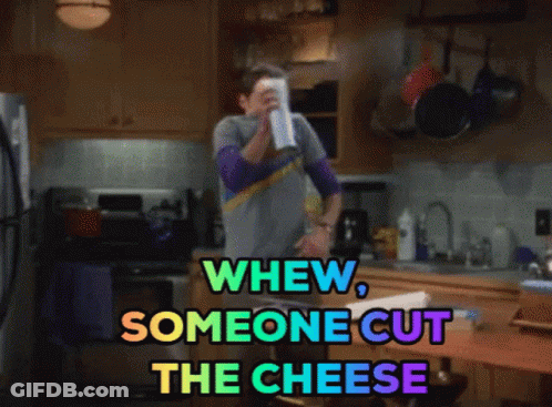 Man In Kitchen Saying Whew Someone Cut The Cheese GIF