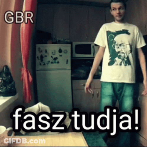 Man In Kitchen Wearing Gbr Fasz Tudja Shirt GIF