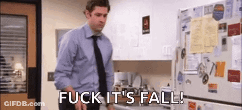 Man In Kitchen With Fuck It's Fall On Fridge GIF