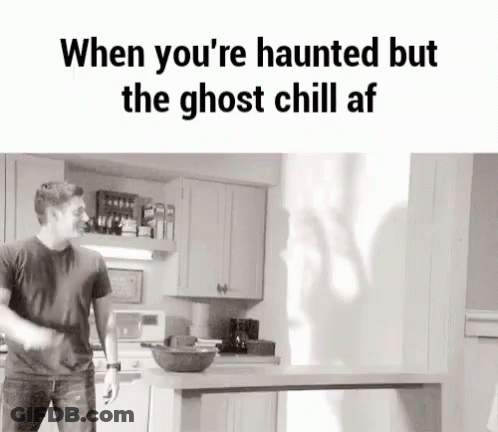 Man In Kitchen With Ghost Behind Him GIF