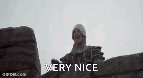 Man In Knight Helmet Standing On Stone Wall GIF
