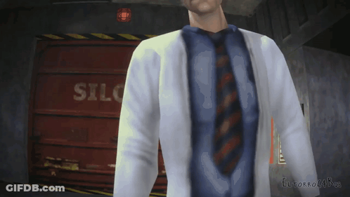 Man In Lab Coat And Tie In Front Of Red Door Saying Silo GIF