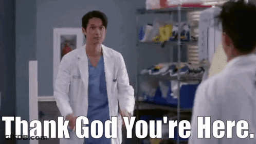 Man In Lab Coat Saying Thank God You're Here GIF