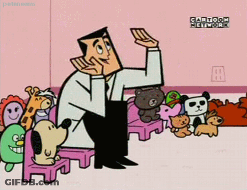 Man In Lab Coat Surrounded By Stuffed Animals GIF