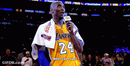 Man In Lakers Jersey Holding Microphone GIF
