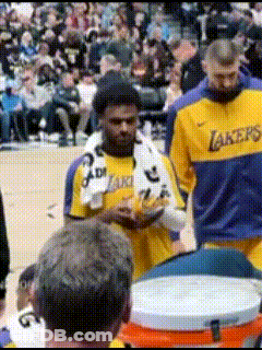 Man In Lakers Jersey On Court GIF