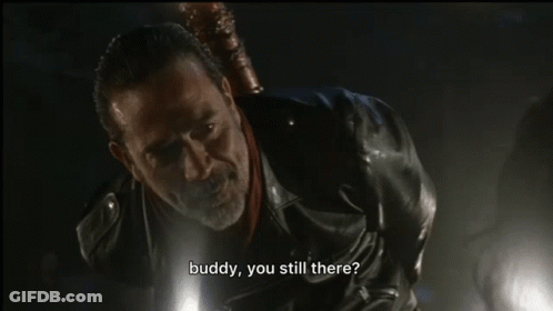 Man In Leather Jacket Holding Bat Says Buddy You Still There GIF