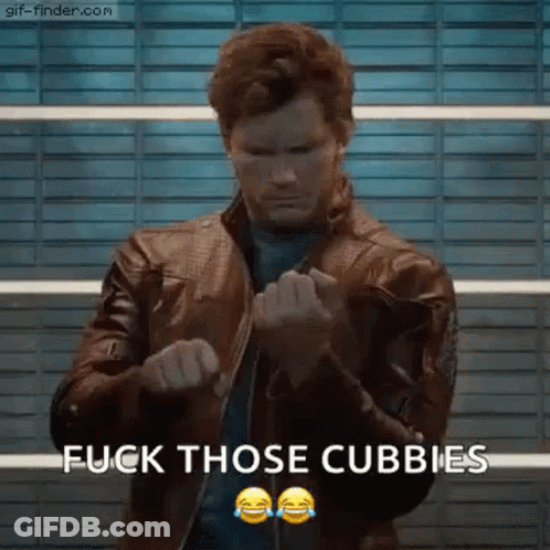 Man In Leather Jacket Making Fist Says Fuck Those Cubbies GIF