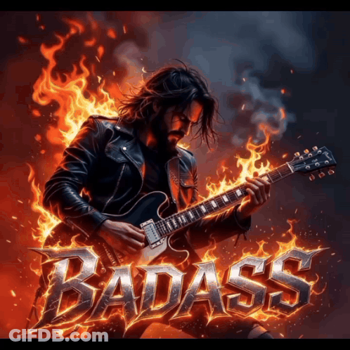 Man In Leather Jacket Playing Guitar In Flames Badass GIF