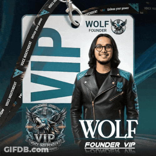 Man In Leather Jacket With Wolf Founder Lanyard GIF