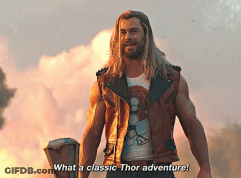 Man In Leather Vest Holding Hammer Saying What A Classic Thor Adventure GIF