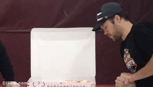 Man In Let's Eat Chips Shirt And Pizza Box GIF