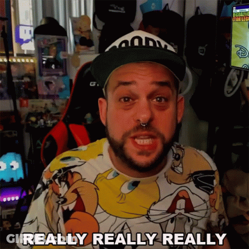 Man In Looney Tunes Hat And Really Really Really Shirt GIF