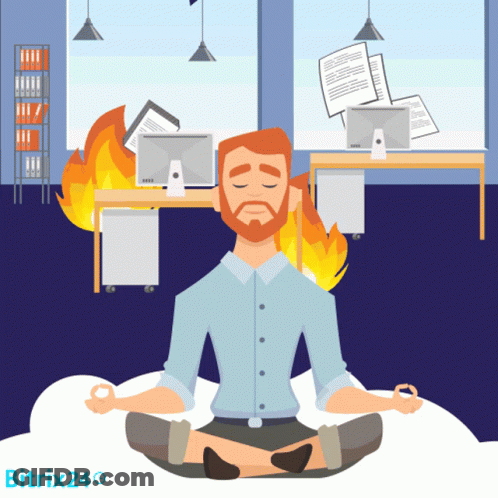 Man In Lotus Position With Closed Eyes In Front Of Burning Office GIF