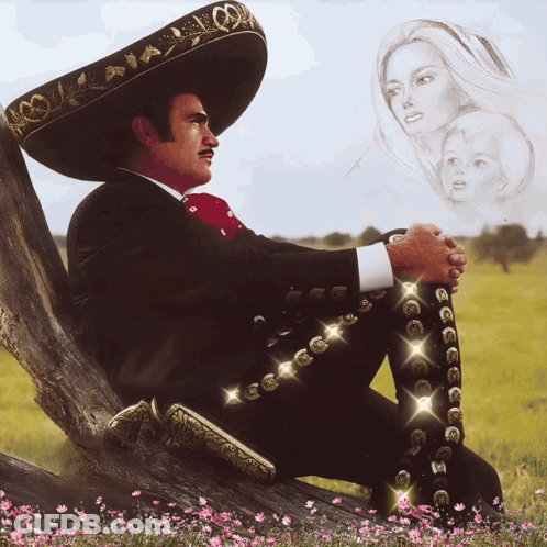 Man In Mariachi Outfit Sitting On Tree Trunk GIF