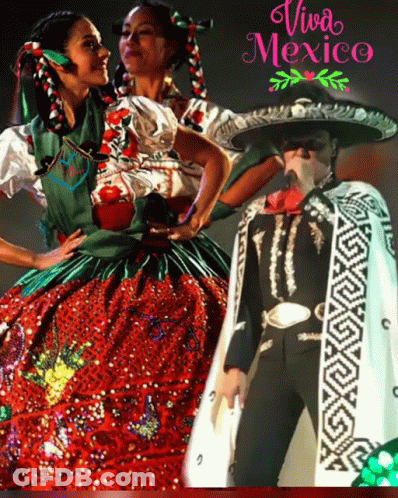 Man In Mariachi Outfit With Two Women In Mexican Costumes GIF