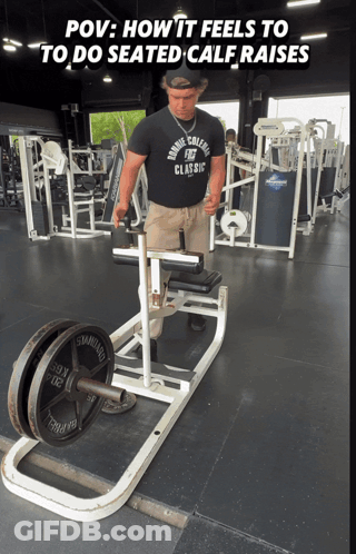 Man In Marine College Classic Shirt Doing Seated Calf Raises GIF