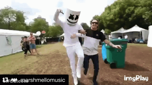 Man In Marshmello Costume Dancing With Man In Trash Can GIF