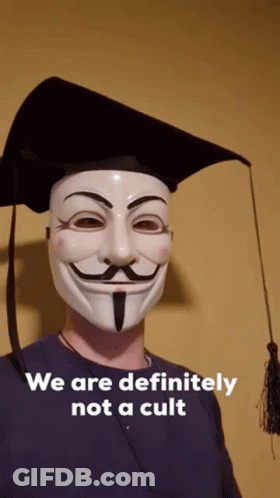 Man In Mask And Graduation Cap Says We Are Not A Cult GIF