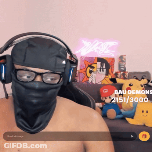 Man In Mask And Headphones With Bau Demons Message GIF