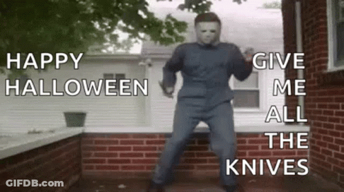 Man In Mask Dancing On Porch Give Me All The Knives GIF