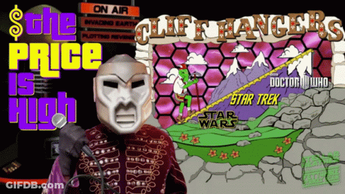 Man In Mask Holding Microphone In Front Of Sign Saying The Price Is High GIF