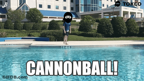 Man In Mask Jumping Into Pool With Cannonball GIF