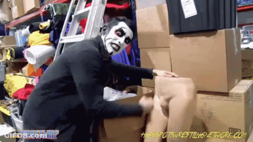 Man In Mask Standing Before Wrestling Network Boxes GIF