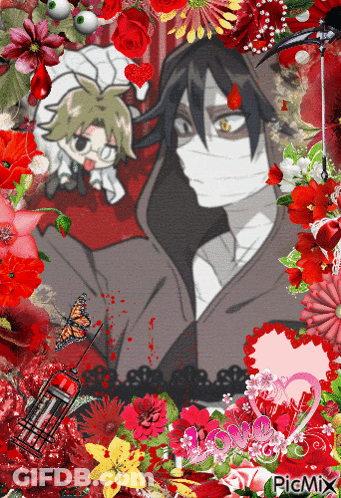 Man In Mask Surrounded By Red Flowers GIF