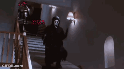 Man In Mask Walking Down Stairs With Year 2025 GIF