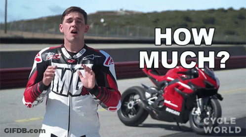 Man In MC Jacket And Red Motorcycle Saying How Much GIF