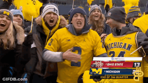 Man In Michigan Jersey Stands In Crowd GIF