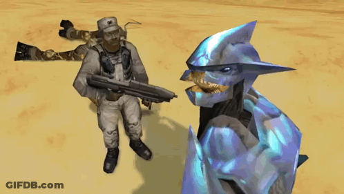 Man In Military Uniform Beside Blue And Black Monster GIF
