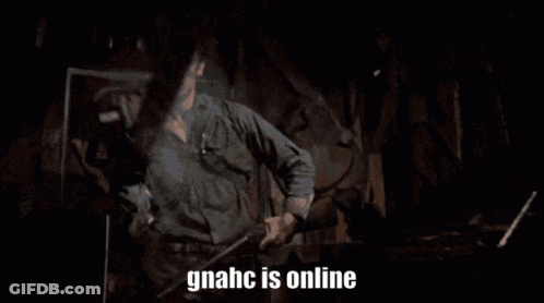 Man In Military Uniform Holding Chainsaw Saying Gnahc Is Online GIF