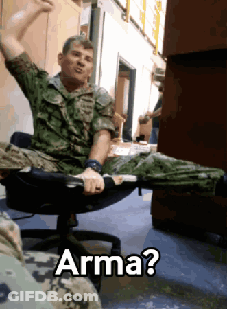 Man In Military Uniform In Office Chair With Arma GIF