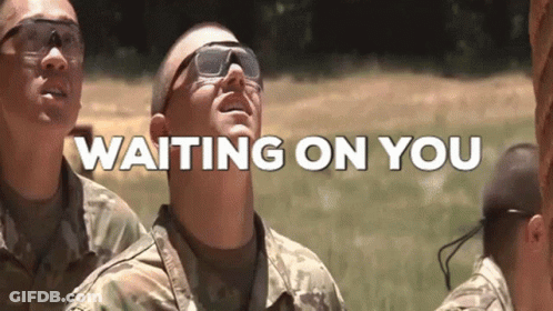 Man In Military Uniform Looking Up Saying Waiting On You GIF