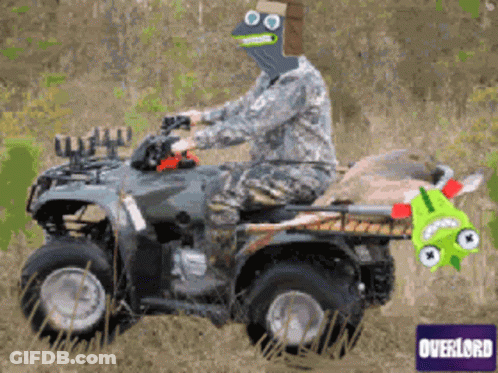 Man In Military Uniform Riding ATV With Overlord Logo GIF