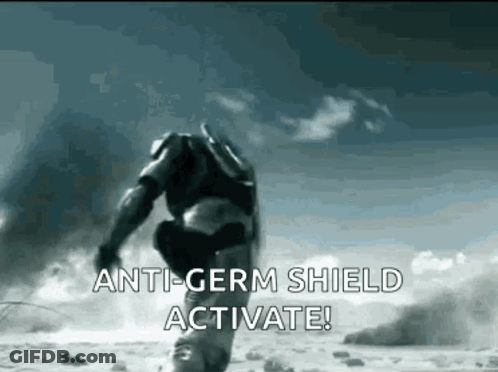 Man In Military Uniform Running With Shield Says Anti-Germ Shield Activate GIF