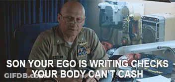 Man In Military Uniform Sits At Desk Saying Son Your Ego Is Writing Checks GIF