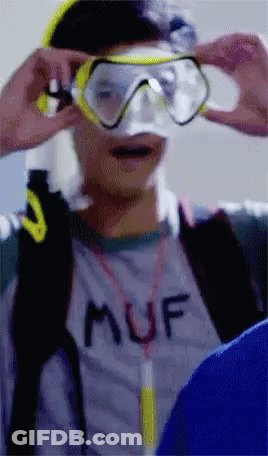Man In Muf Shirt Putting On Goggles GIF