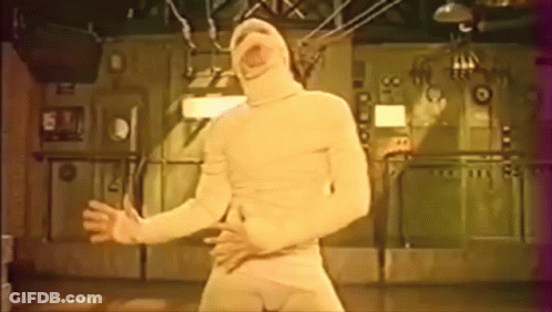 Man In Mummy Costume Standing In Room GIF