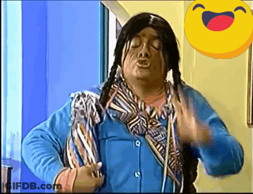 Man In Native American Costume Laughing With Smiley Behind GIF
