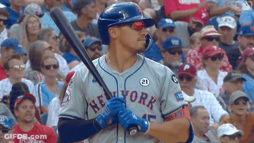 Man In New York Jersey Holding Baseball Bat GIF