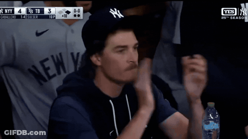 Man In NY Hat And Blue Shirt With Aquafina Water GIF